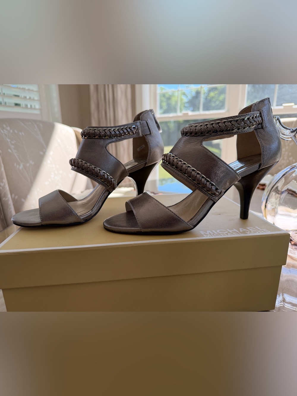 Michael Kors Braided Strap Open-Toe Heels in Metallic Taupe